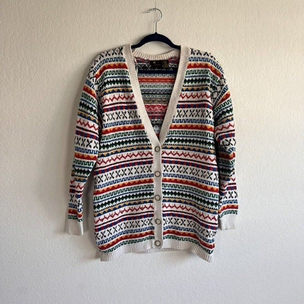 LizSport Vintage Fair Isle Oversized Cottagecore Cardigan Sweater Grandma Small